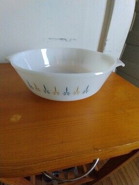 Fire King Anchor Vintage White Serving Bowl with Blue and Gold Starburst Pattern